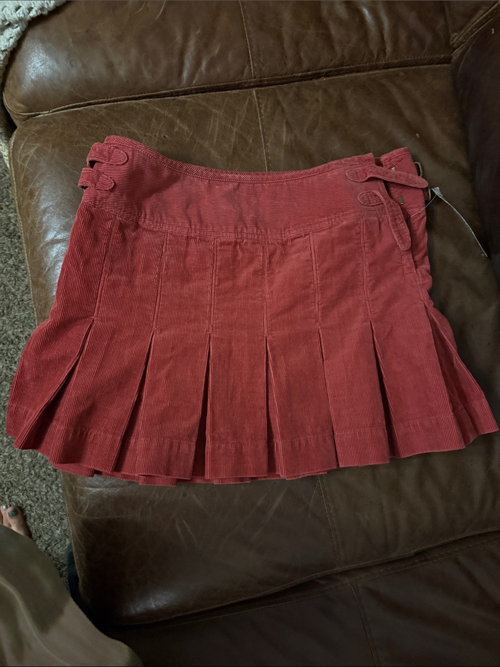 Pleated Corduroy Mini Skirt - Red